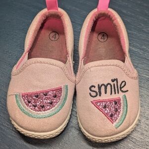 Sz 4 Toddler Kids Pink Slip-On Shoes with Watermelon Design
